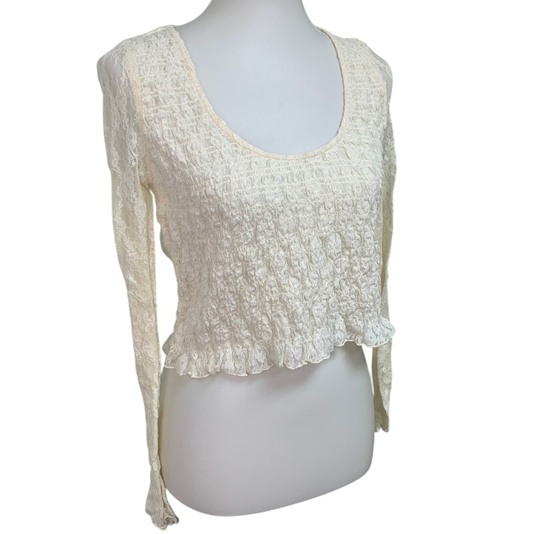 New American Eagle Womens Medium Cream Long Sleeve Lacy Sheer Smocked Top