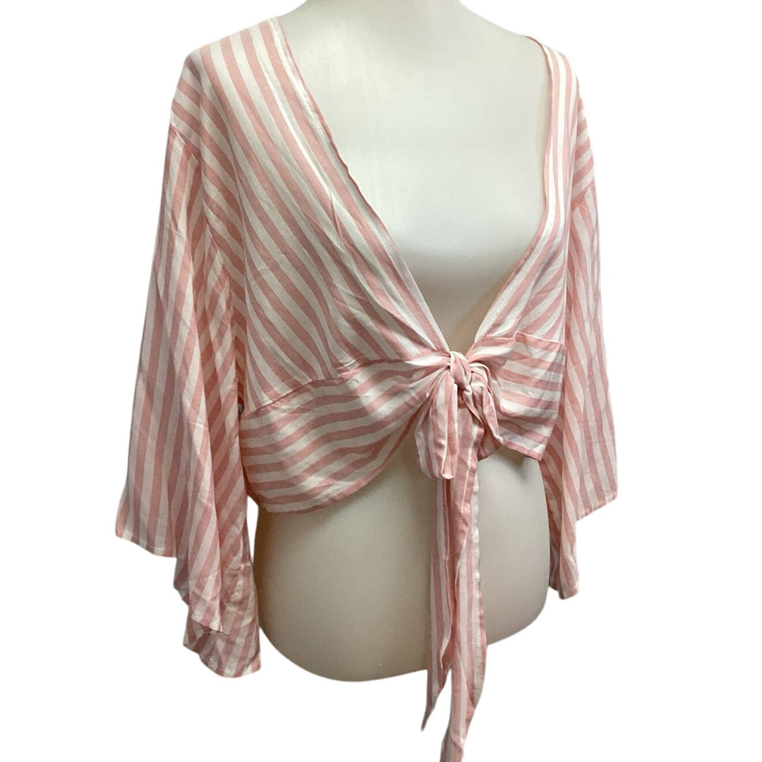 Cute Womens Medium Striped Long Flowy Sleeve 100% Viscose Front Tie Blouse Top