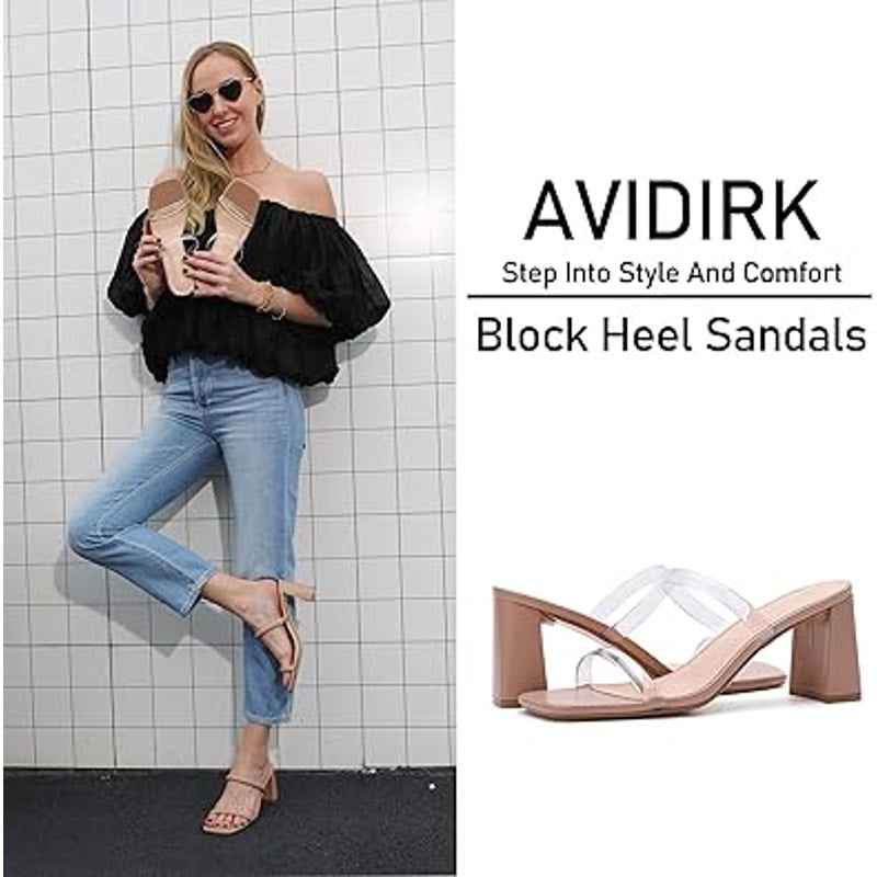 Avidirk Womens Size 8 Tan 2 Clear Strap Square Open Toe Slip on 3" Heels Sandals
