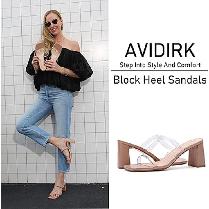 Avidirk Womens Size 8 Tan 2 Clear Strap Square Open Toe Slip on 3" Heels Sandals