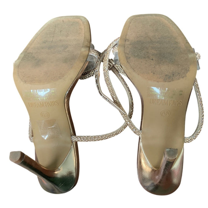 Dream Pairs Womens Size 6.5 Rose Gold Shiny Bow Open Toe Clear Strap 3.5" Heels