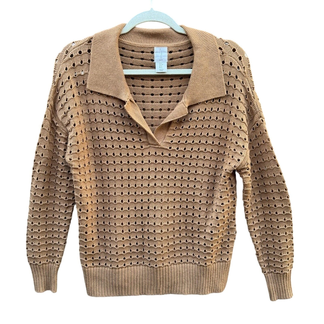 Joie Womens Small V Neck Collared Long Sleeve PolyCotton Eyelet Knit Sweater