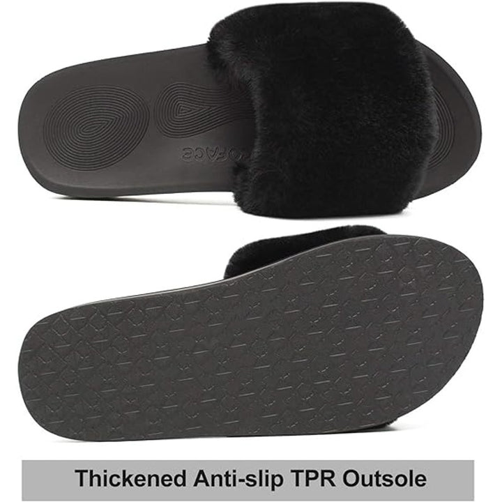 New Coface Womens Size 8 Black Fuzzy Slides Open Round Toe Sandal House Shoes