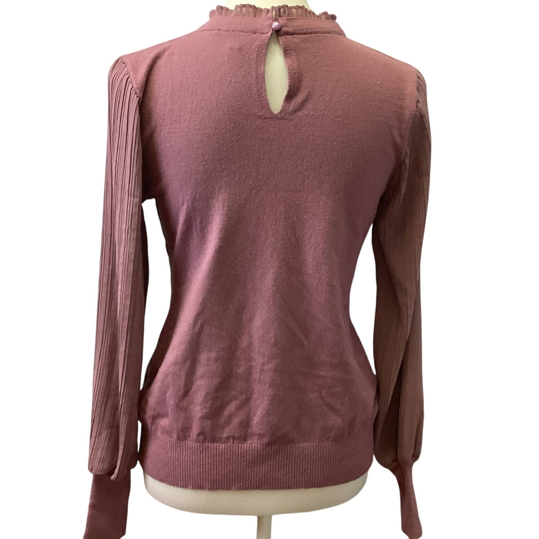 Sioni Medium Long Pleated Sleeve Crew Neck Ruffled Keyhole Back Soft Sweater