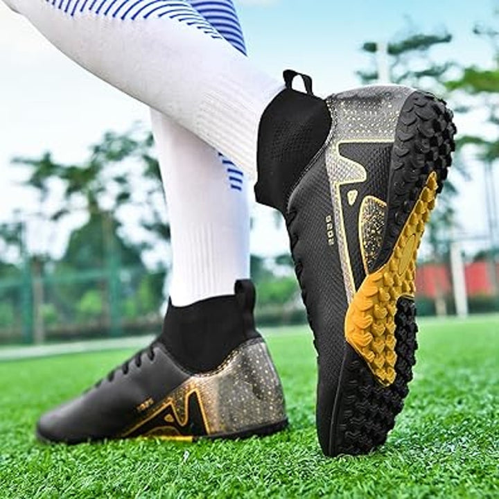 Topsfeba Mens 13 Black Gold Lace Up Soccer Baseball Turf Cleats Athletic Shoes