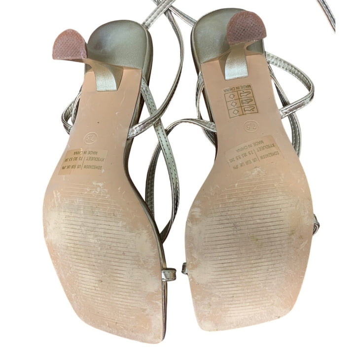 Dream Pairs Womens Size 7.5 Gold Open Toe Thong 3" Heel Ankle Strap Sandal Shoes