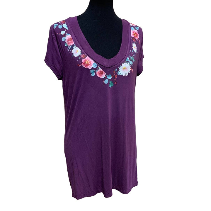 Hand Printed Upcycled XXL Pink Rose Flower Short Sleeve Hi Low V-Neck Tee Shirt