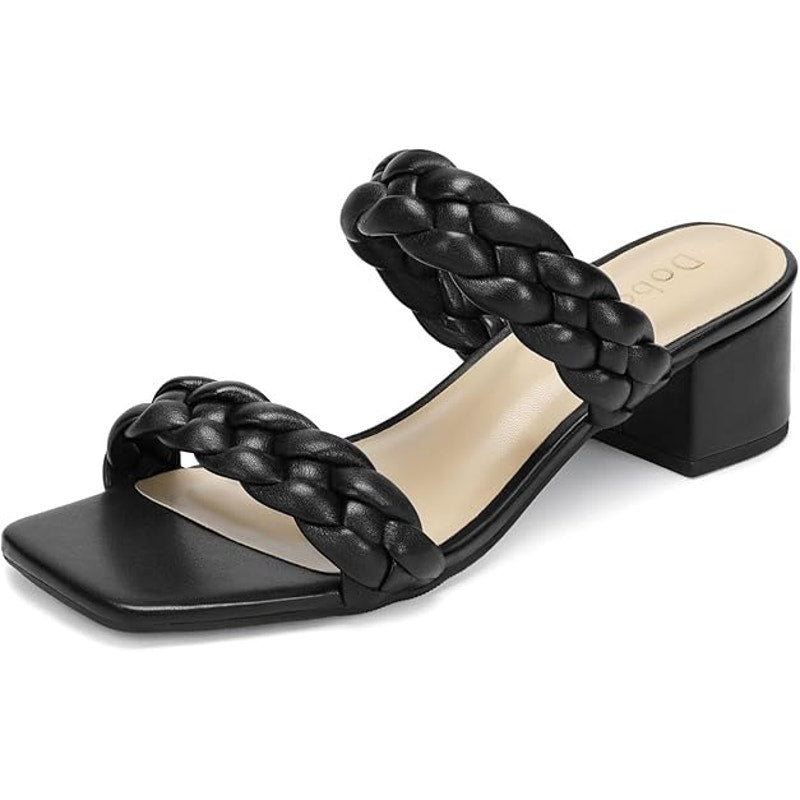 Dobolin Womens Size 7.5 Black Braided 2-Strap Open Toe 2" Chunky Heels Sandals