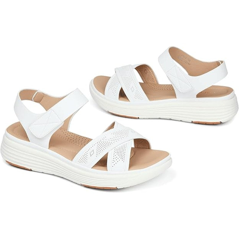 Ubfen Womens 5.5 White Faux Leather Hook Loop Open Toe 1.5" High Walking Sandals