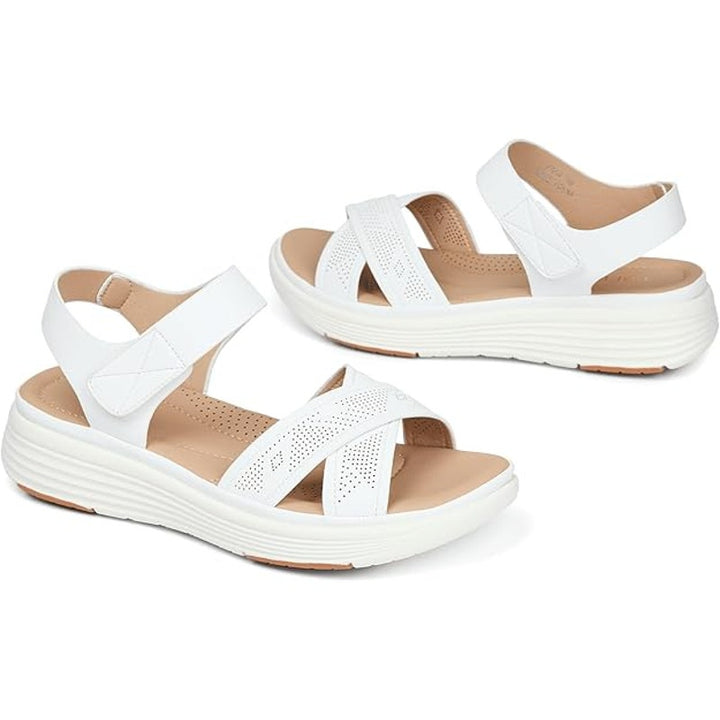Ubfen Womens 5.5 White Faux Leather Hook Loop Open Toe 1.5" High Walking Sandals