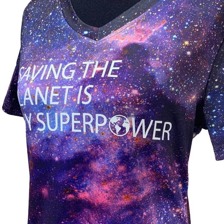 Hand Printed Upcycled Womens Small Saving the Planet is My Superpower Cosmic Tee