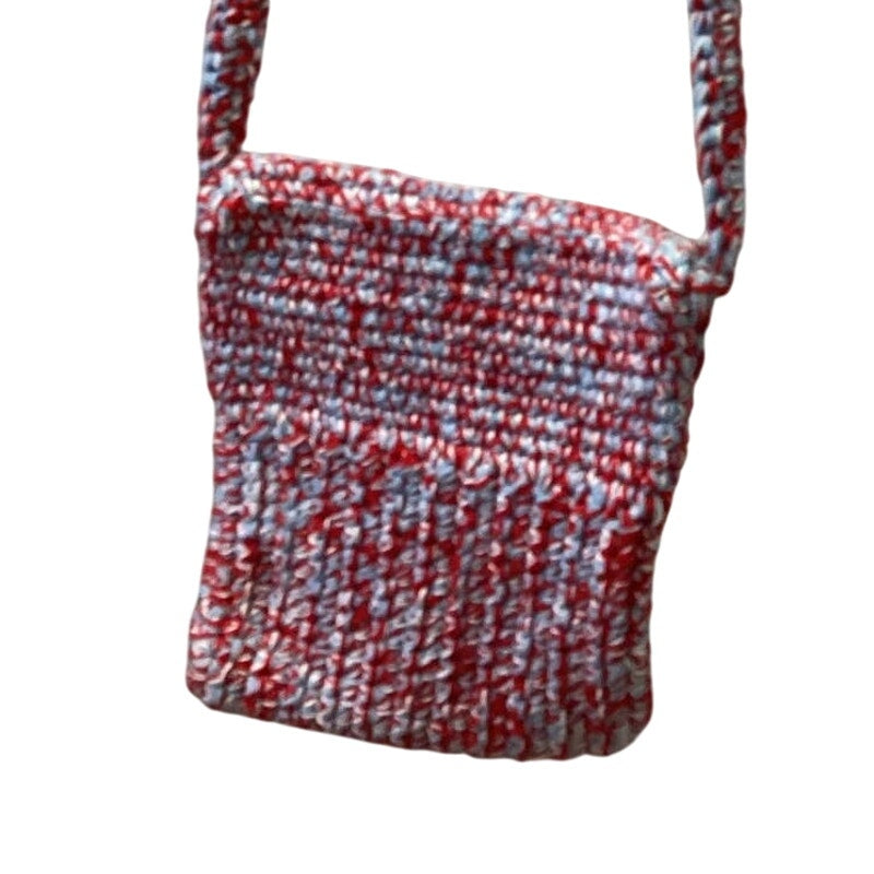 Handmade Knit Red White Blue Yarn Crossbody Pouch Buttoned Handbag Purse Bag
