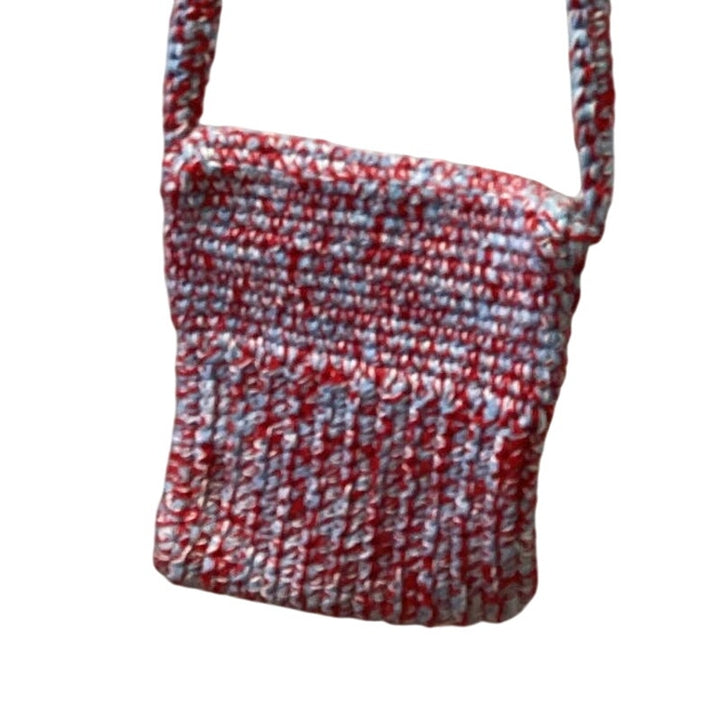 Handmade Knit Red White Blue Yarn Crossbody Pouch Buttoned Handbag Purse Bag