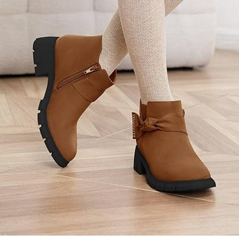 Coutgo Girls Size 10 Brown Faux Suede Side Zip Low Block Heel Bow Ankle Boots