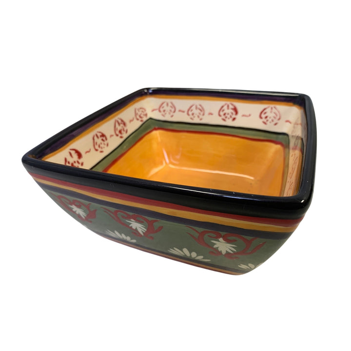 Real Kitchen Folk Art Inspired Square Ceramic Bowl w Matching Plate Saucer