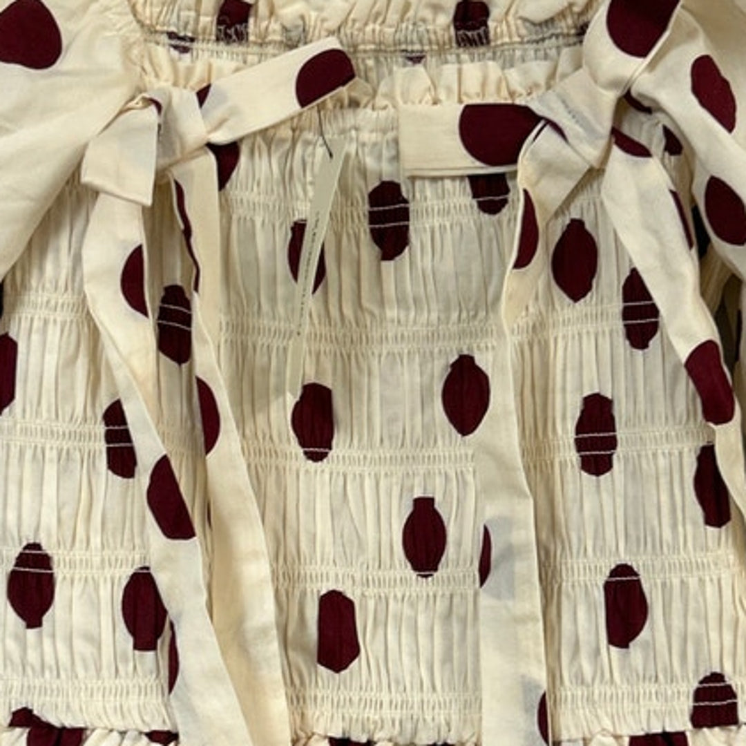 New Francescas Womens Small Cream Burgundy Polka Dot Stretch Cotton Smocked Top