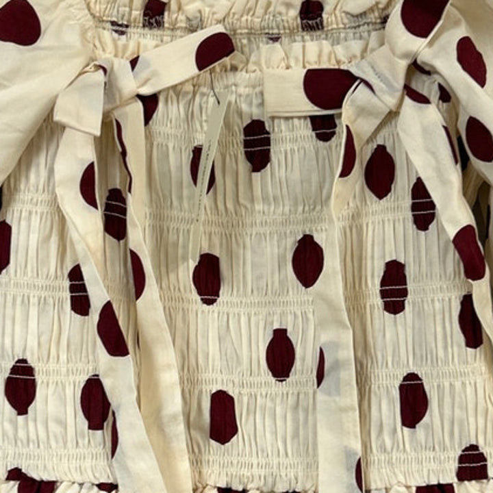 New Francescas Womens Small Cream Burgundy Polka Dot Stretch Cotton Smocked Top
