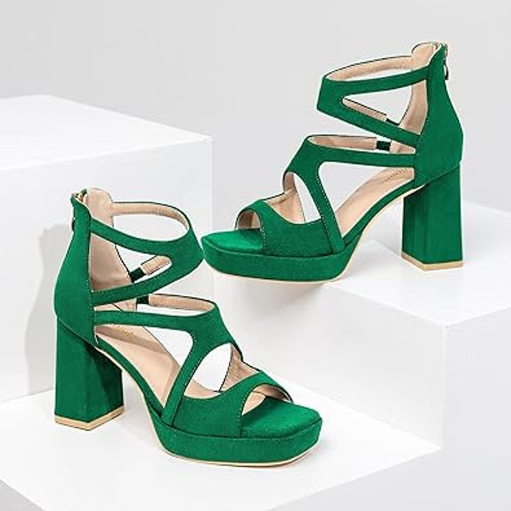 Risdoada Womens Size 8 Green Faux Suede 3.5" Platform Heel Open Toe Sandal Shoes