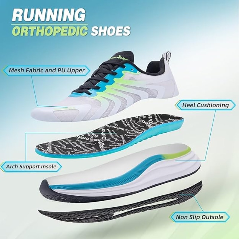 Orthocomfoot Mens Size 8 White Blue Green Arch Support Athletic Shoes