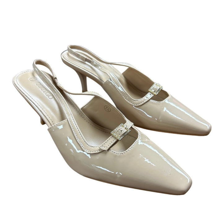 ZBY Womens Size 7.5 Tan Faux Leather Slingback 3" Heel Closed Toe Buckle Shoes
