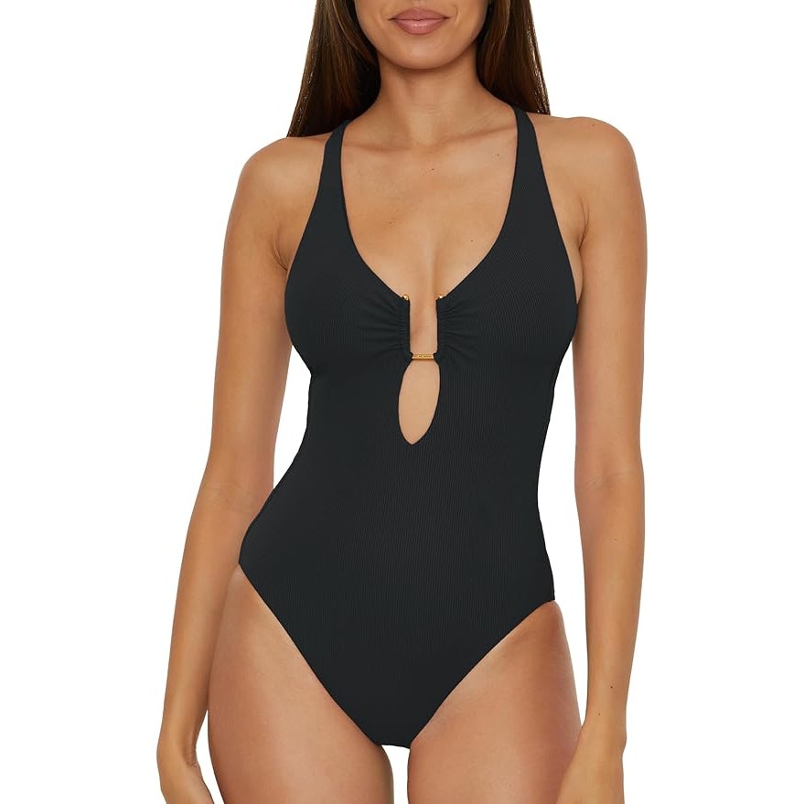 NWT New Becca Womens Large Black Ribbed Plunge Neck Tie Back One Piece Swimsuit