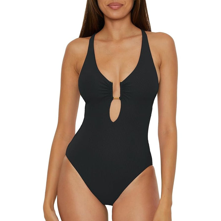 NWT New Becca Womens Large Black Ribbed Plunge Neck Tie Back One Piece Swimsuit