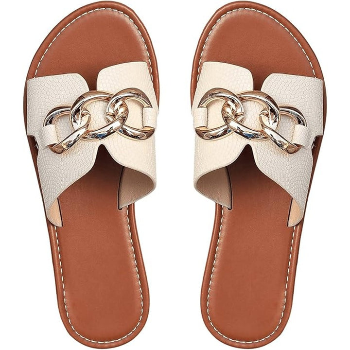 Verdusa Womens Size 9 Beige Slip On Slides Flat Sandal Chain Faux Leather Shoes