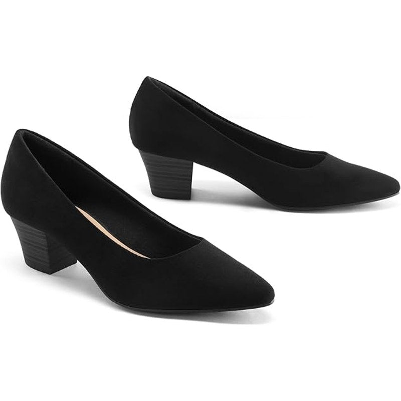 Mysoft Womens 8 Black Faux Suede 2" Chunky Heel Pointy Toe Slide On Pump Shoes