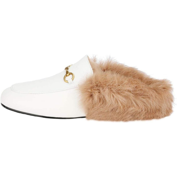 Arqa Womens Size 6 White w Brown Fur Rounded Toe Slide On Mule Slipper Shoes