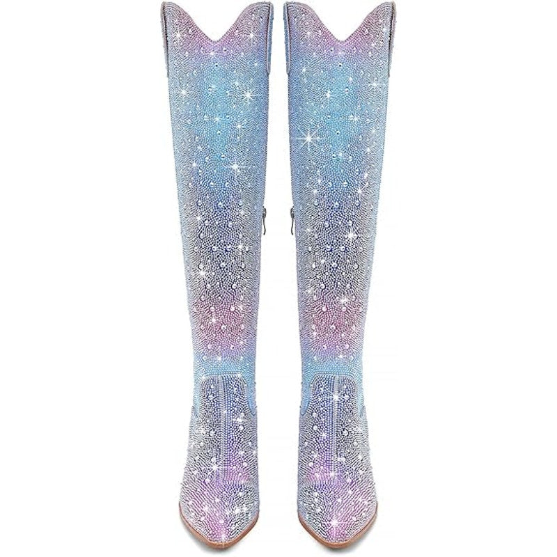 Ronilurn Womens Size 6.5 Rainbow Blue Pink Rhinestone Over the Knee Cowboy Boots2