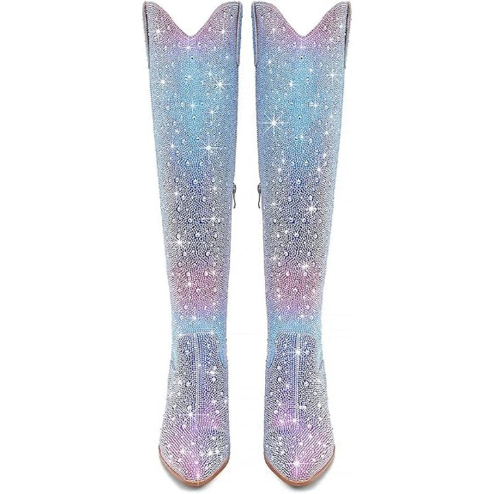 Ronilurn Womens Size 6.5 Rainbow Blue Pink Rhinestone Over the Knee Cowboy Boots2