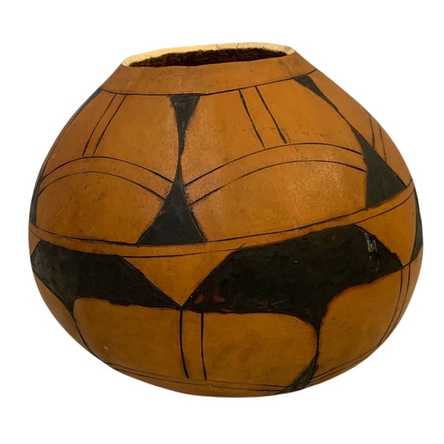 Vintage Hollowed Out Etched Hand Drawn 7" by 7" Lightweight Gourd Bowl w Flaw