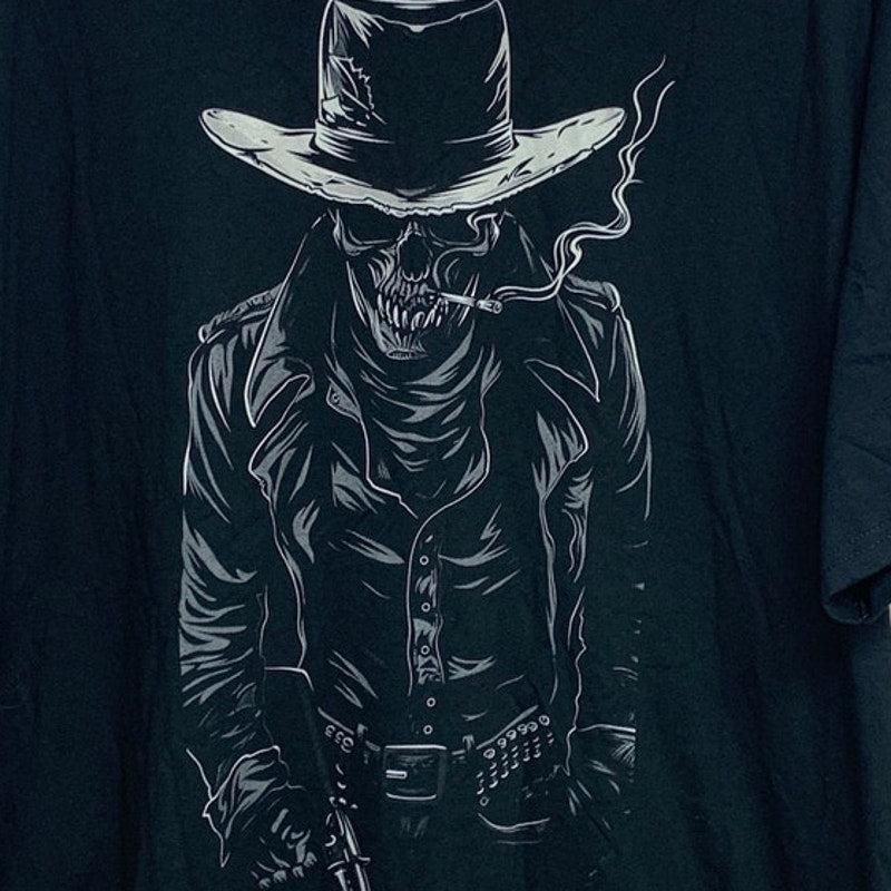 New Port &amp; Company Mens 2XL Skeleton Cowboy Short Sleeve Crew Neck Tee Shirt