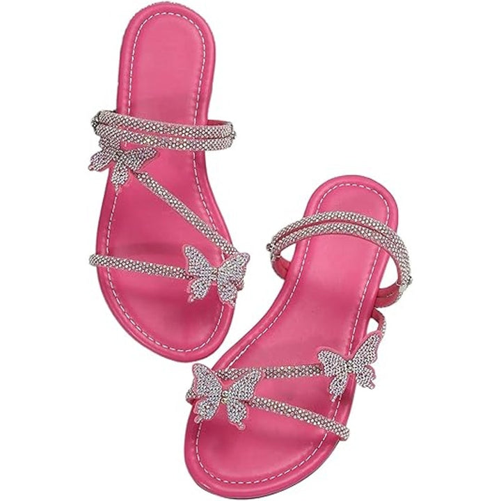 New Floerns Womens 8.5 Hot Pink Rhinestone Butterfly Open Toe Flat Sandal Shoes