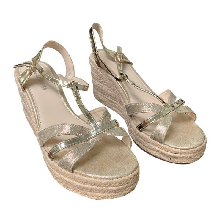 Makegsi Womens Size 10 Shiny Gold 4" Espadrille Wedge Heel Open Toe Sandal Shoes