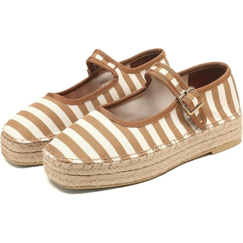 Womens Size 9.5 Brown Striped Mary Jane Woven Espadrilles Platform Sandal Shoes