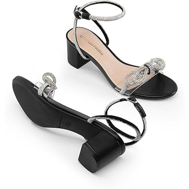 Dream Pairs Womens 9.5 Black Open Toe Clear Strap Bow 2.5" Block Heel Shoes