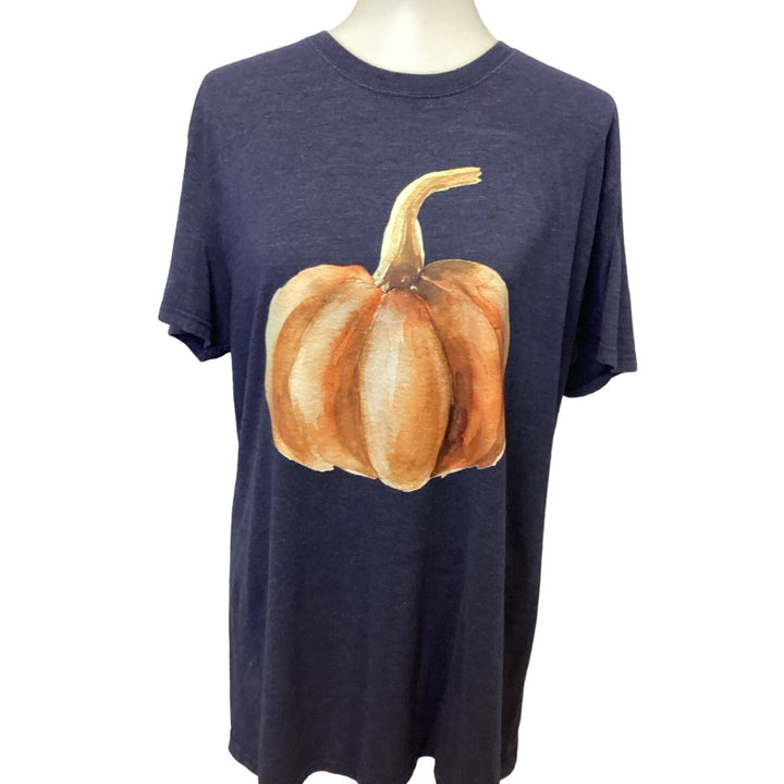 Hand Printed Large Upcycled Short Sleeve Halloween Fall Pumpkin PolyCotton Shirt