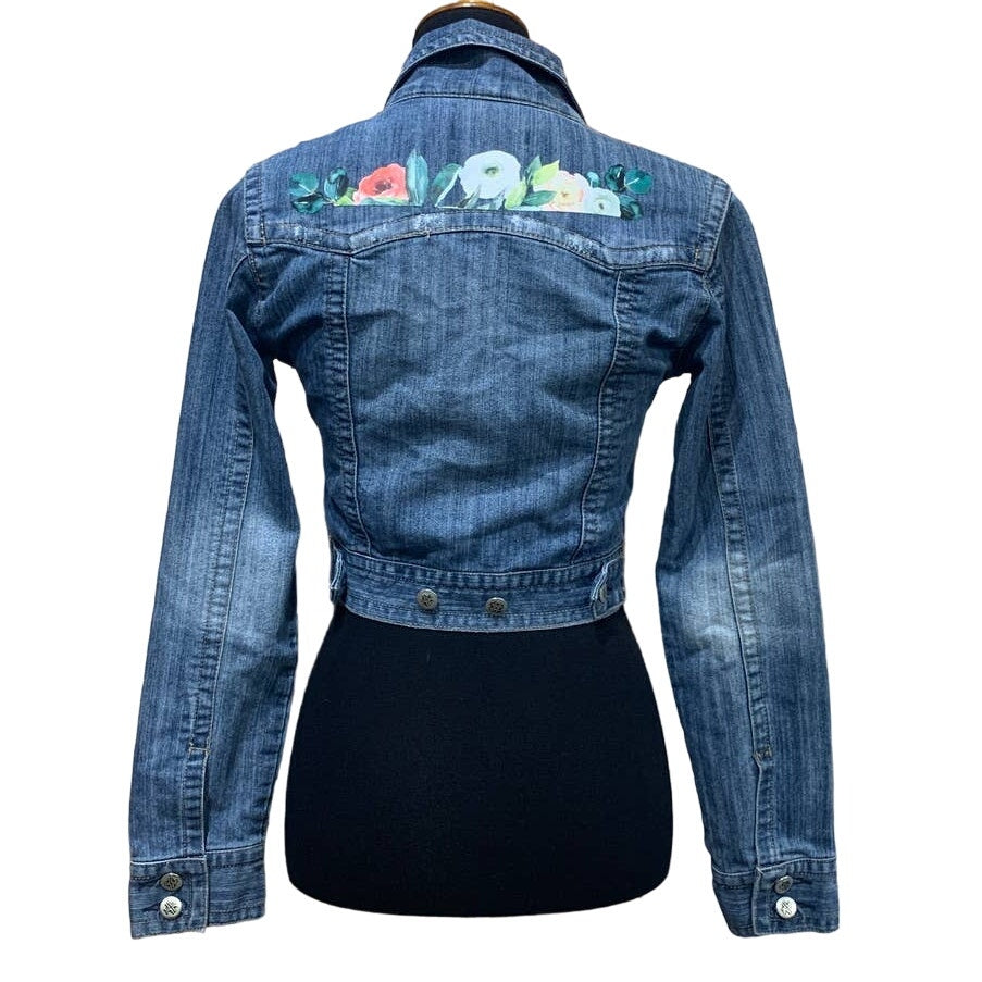 Hand Printed Upcycled Womens Small Flower Denim Button Up Cropped Jean Jacket
