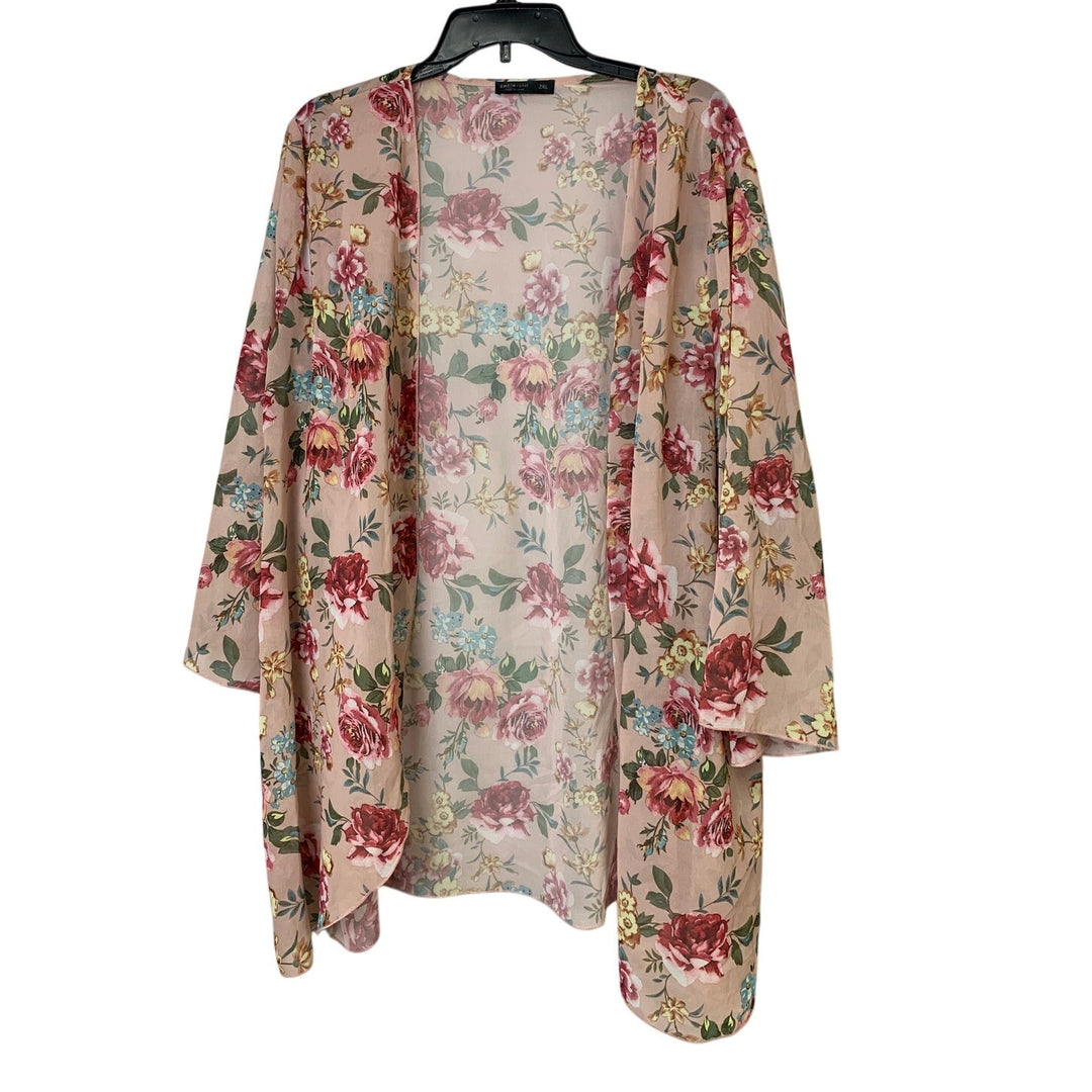 Shein Curve Womens 2XL Pink Rose Floral Long Sleeve Open Front Cardigan