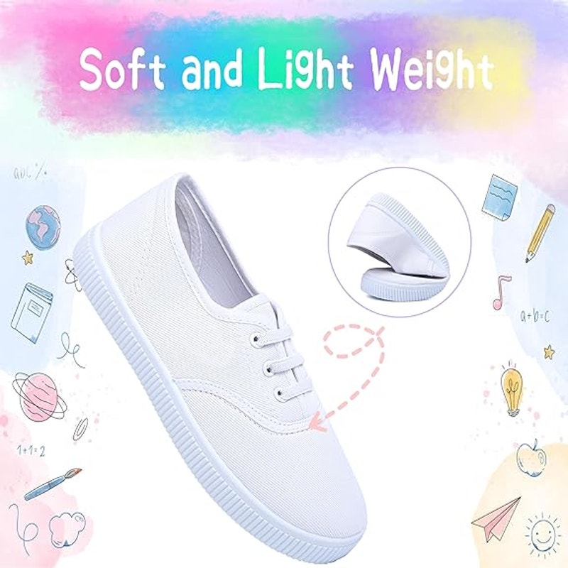 Girls Size 3.5 White Canvas Sneakers Lace Up Slip On Closed Round Toe Shoes