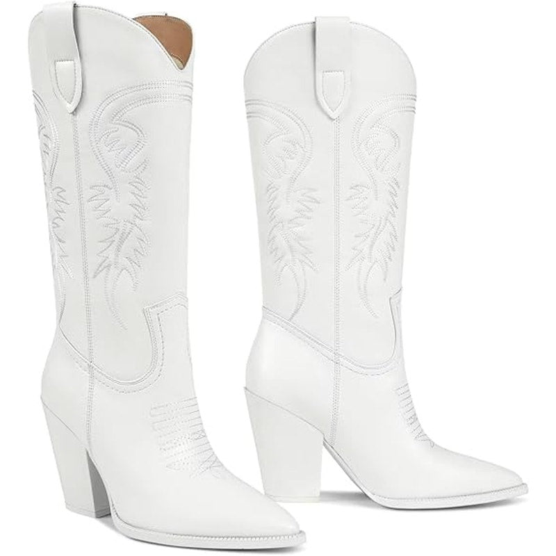 New Isnom Womens Size 10 White Faux Leather 4" Heel Knee High Western Boots
