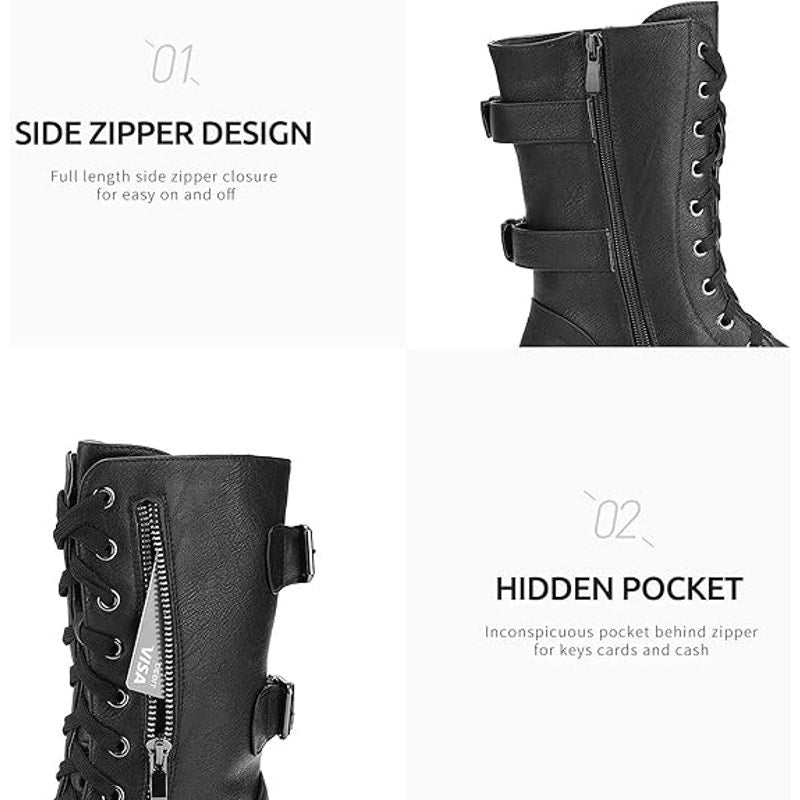 Dream Pairs Womens Size 7 Black Faux Leather Lace Up Mid Calf Combat Boots