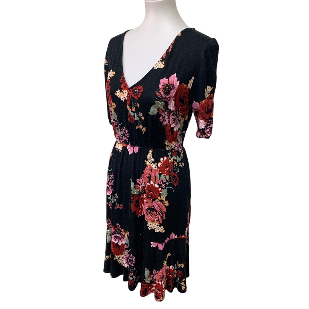 Maurices Womens Small Half Sleeve V Neck Black Pink Floral Fit n Flare Dress