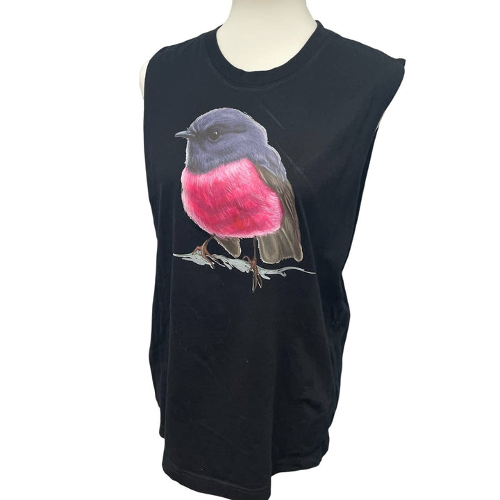 Upcycled Hand Printed Womens Large Pink Robin Sleeveless Cotton Long Tank Top