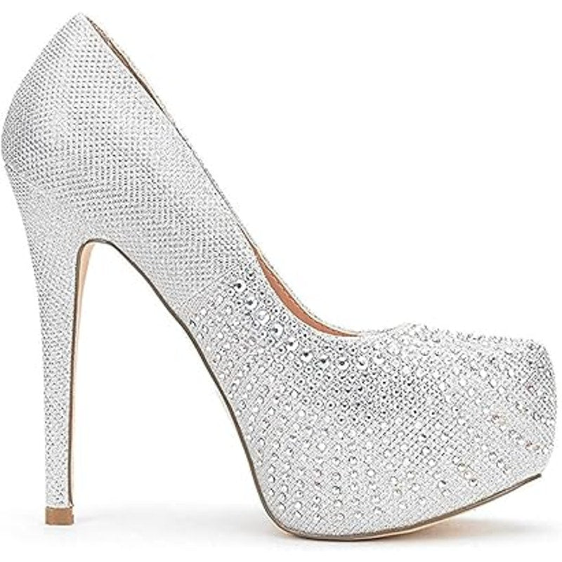 Dream Pairs Womens 5.5 Silver Rhinestone 5.5" Platform Heel Close Toe Pump Shoes