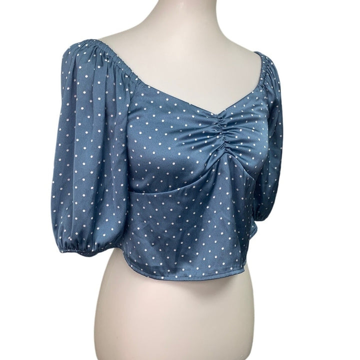 New American Eagle Womens Medium Polka Dot Puff Sleeve Sweetheart Back Zip Top