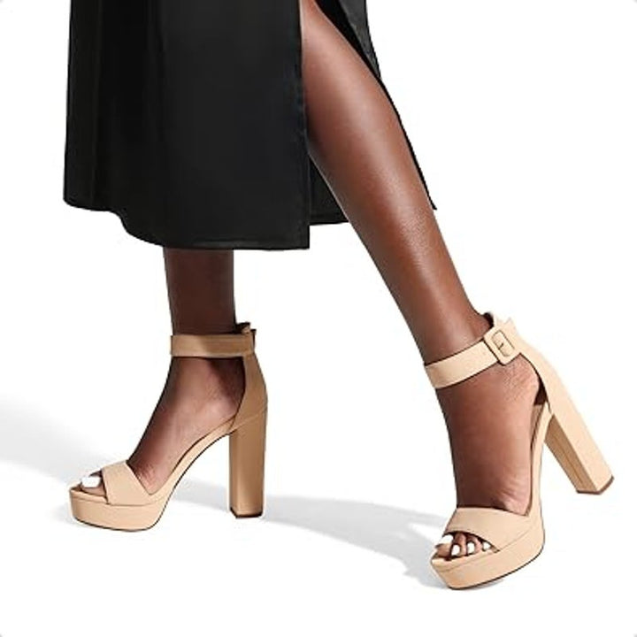 Dream Pairs Womens 7.5 Tan 4.5" Block Heel Open Toe Ankle Strap Sandal Shoes