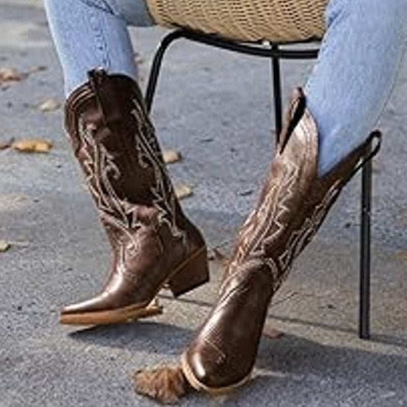 Rollda Womens Size 6 Dark Brown Faux Leather 2" Block Heel Western Cowboy Boots