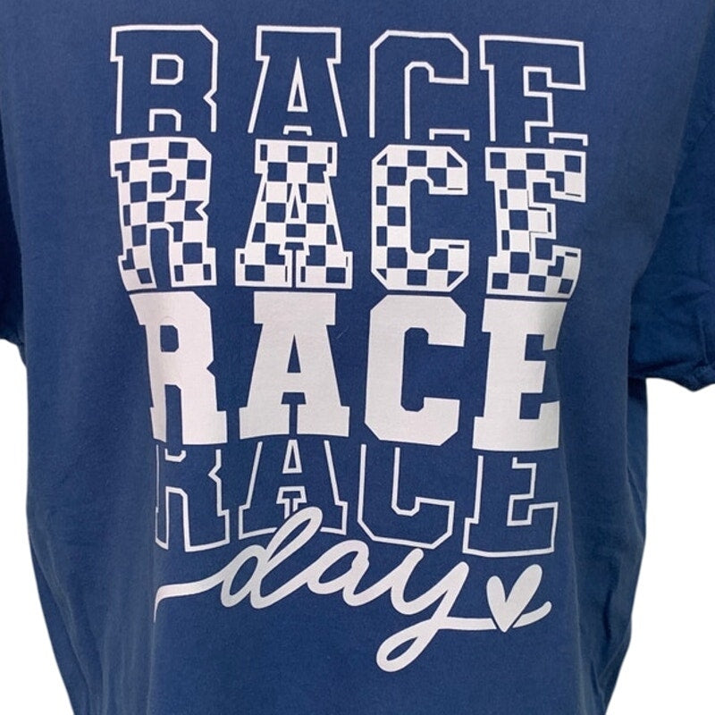 Upcycled Hand Printed Womens Large Race Day Short Sleeve Crew Neck Tee Shirt Top